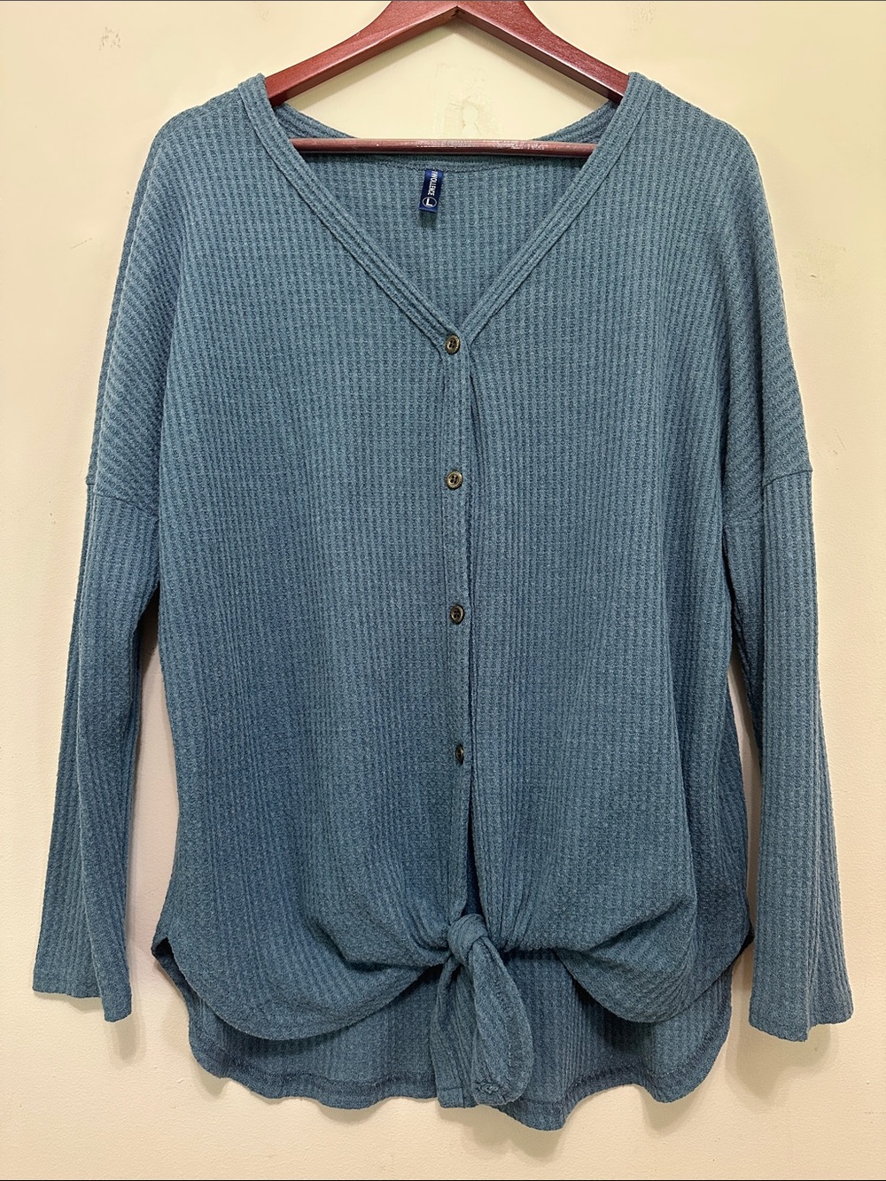 Relaxed Teal Button-Front Tie-Hem Long Sleeve Top